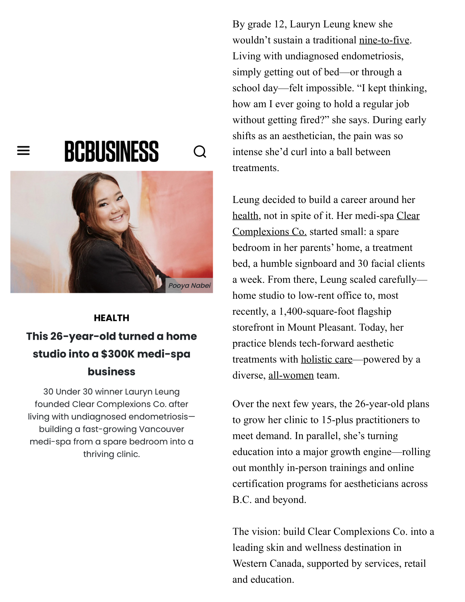 Clear Complexions Co founder Lauryn Leung featured in BC Business health section as a top Vancouver medi-spa business.